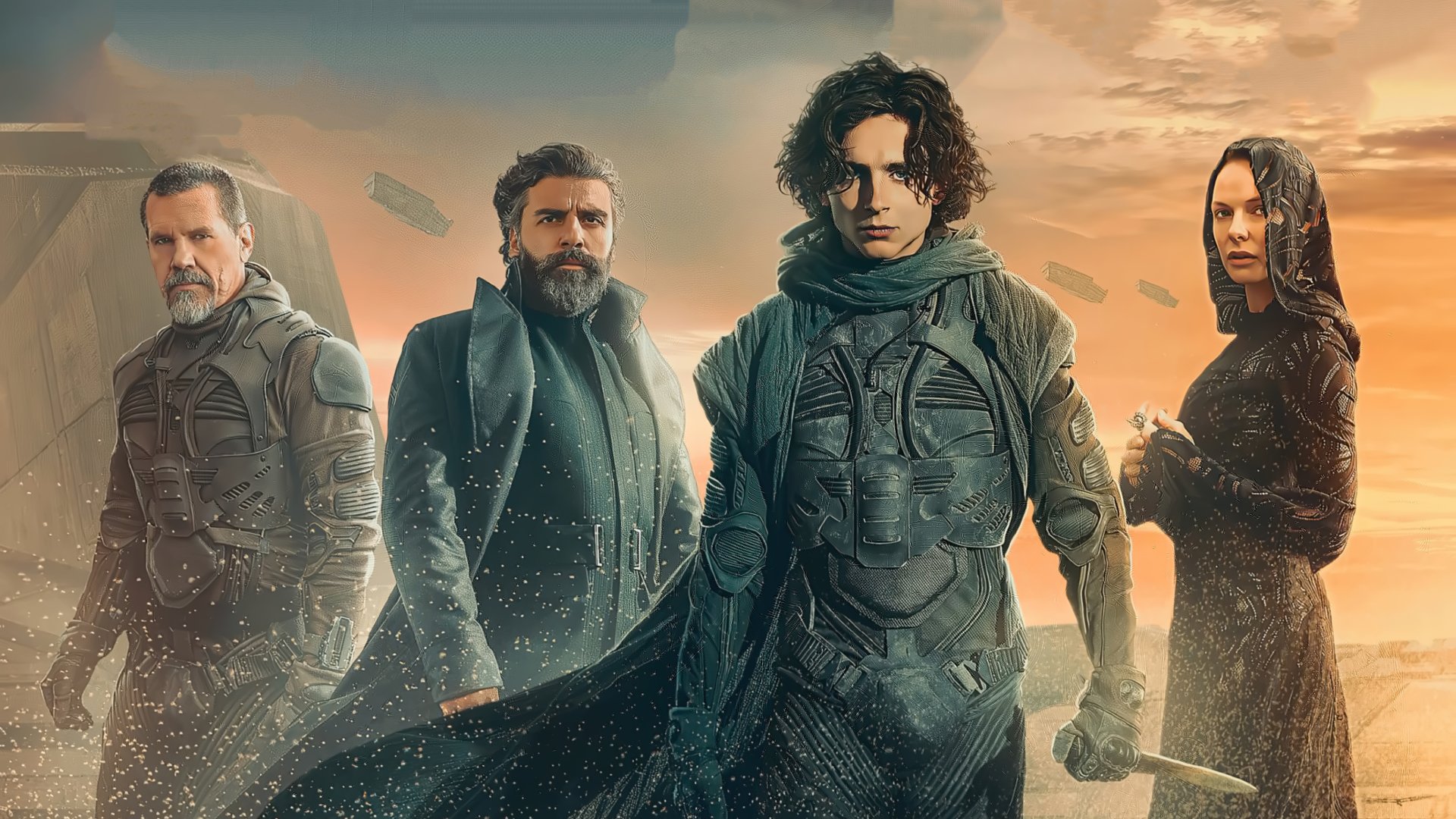 Timothee Chalumet, Oscar Isaac, Josh Brolin och Rebecca Ferguson i Dune, nattens stora vinnare. Foto: HBO Max.