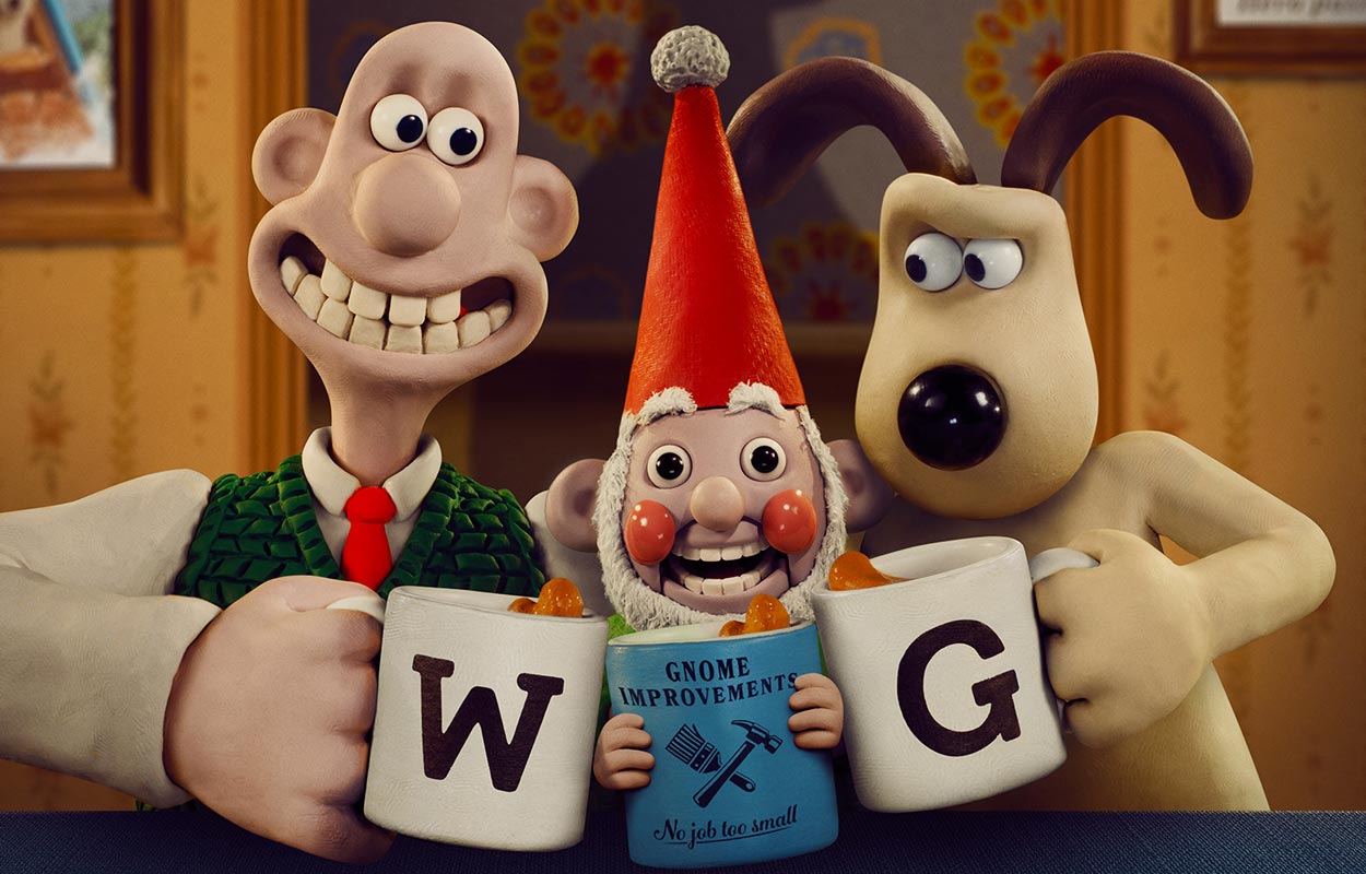 Wallace och Gromit skålar kaffe med varandra.