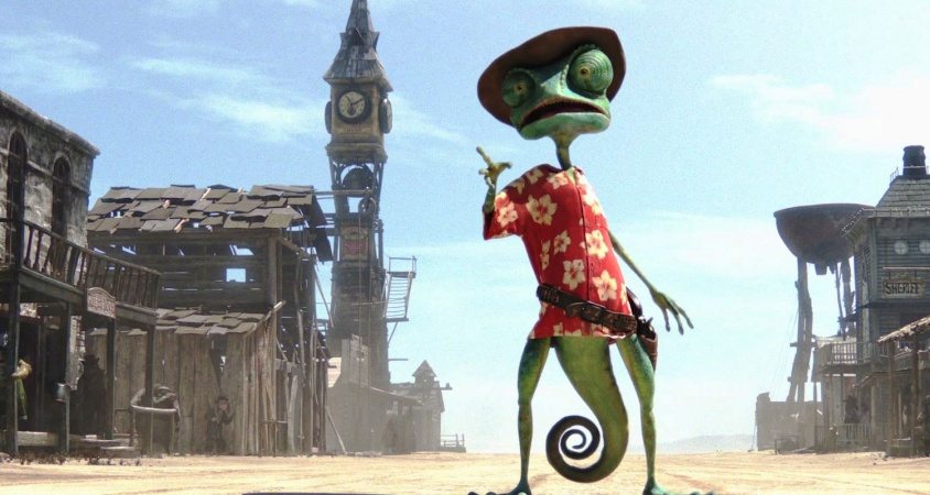 Kameleonten Rango i en klassisk westernstad i filmen med samma namn.