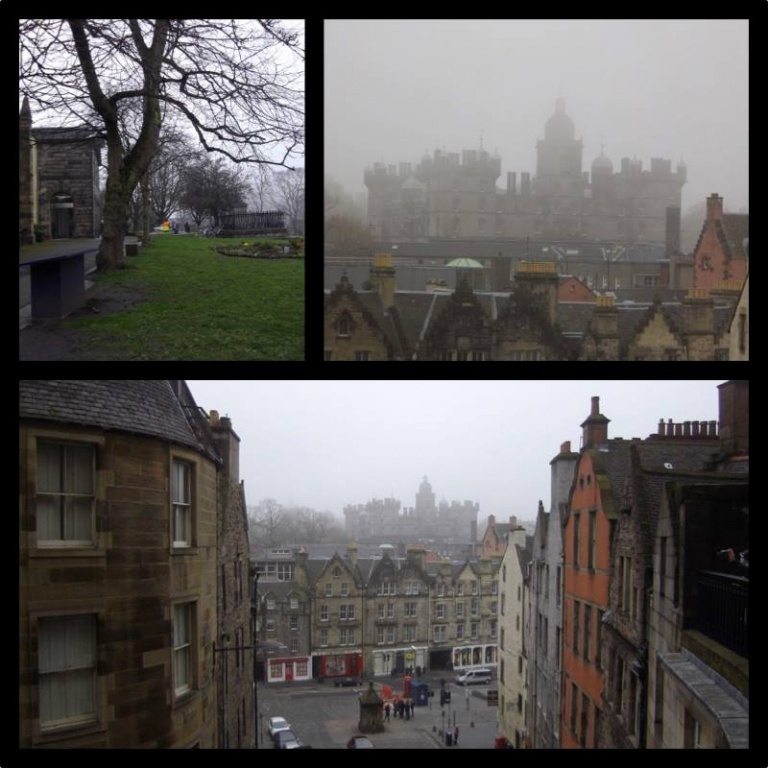 Kyrkogården, Greyfriars Kirkyard, där flera av gravstenarna fått ge namn åt karaktärer i böckerna, samt skolan, George Heriot’s School, som blev Rowlings inspiration för Hogwarts. Allt något dolt bakom den berömda skotska dimman.