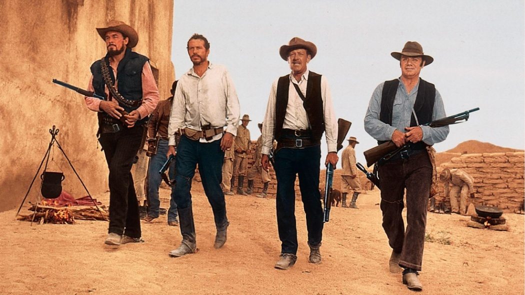 William Holden, Ernest Borgnine, Ben Johnson, och Warren Oates i Det vilda gänget.