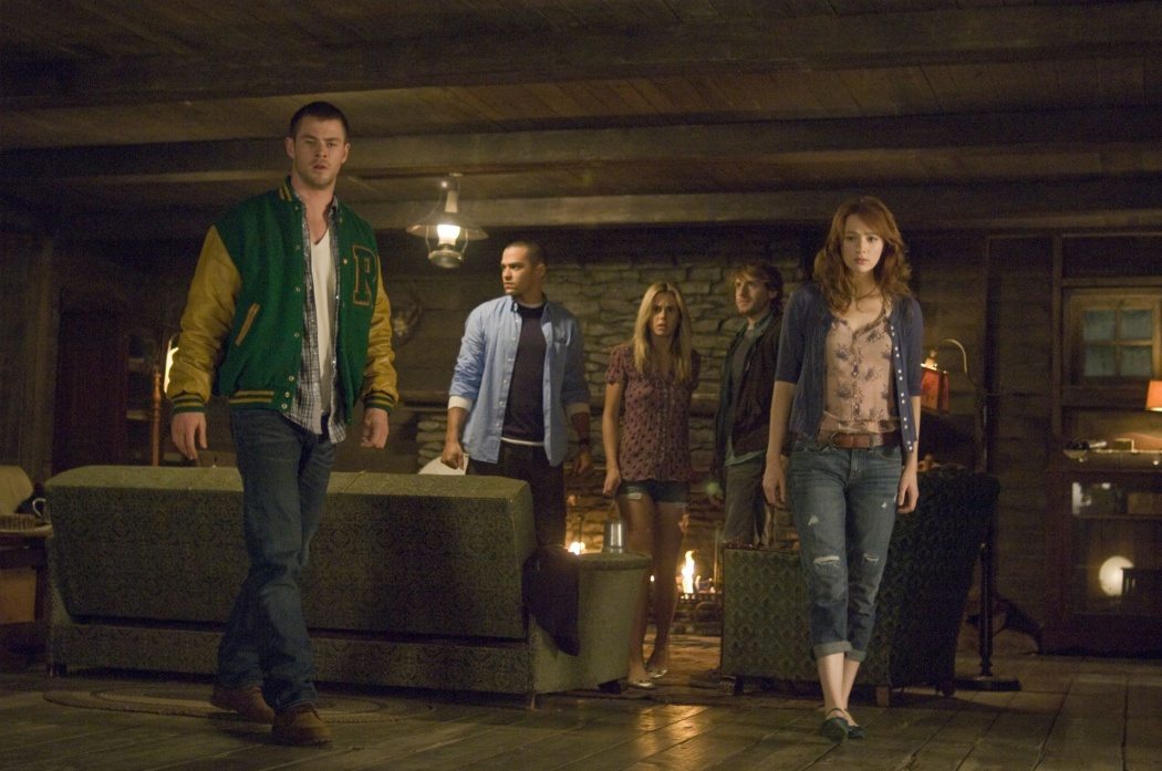 From left to right: Curt (Chris Hemsworth), Holden (Jesse Williams), Jules (Anna Hutchison), Marty (Fran Kranz) and Dana (Kristen Connolly) in THE CABIN IN THE WOODS.