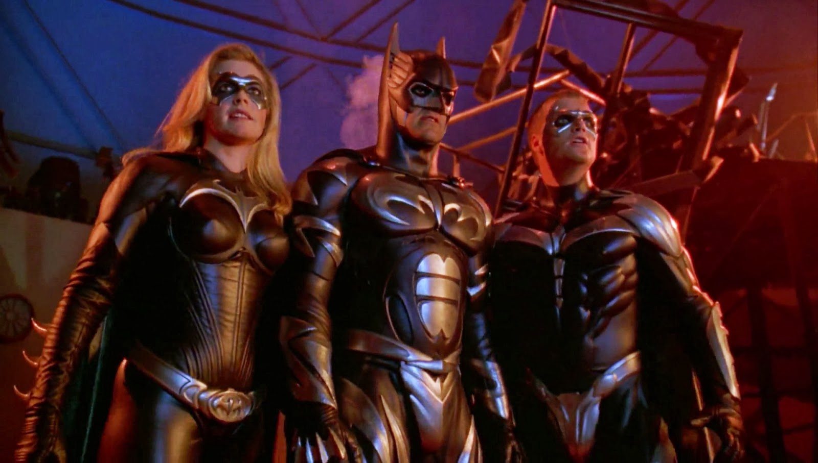 Bild på Alicia Silverstone, George Clooney och Chris O'Donnell i Batman & Robin.