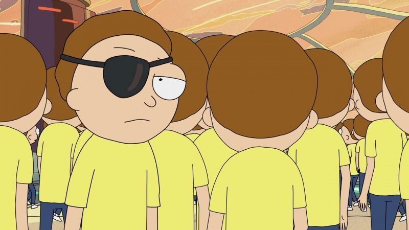 Evil Morty tillsammans med andra Mortys