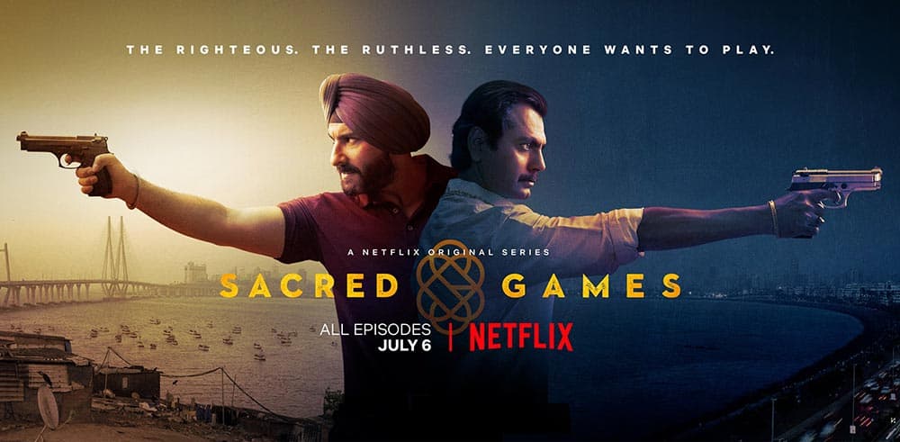 Affisch med de två huvudkaraktärerna, en polis och en gangster, i Sacred Games