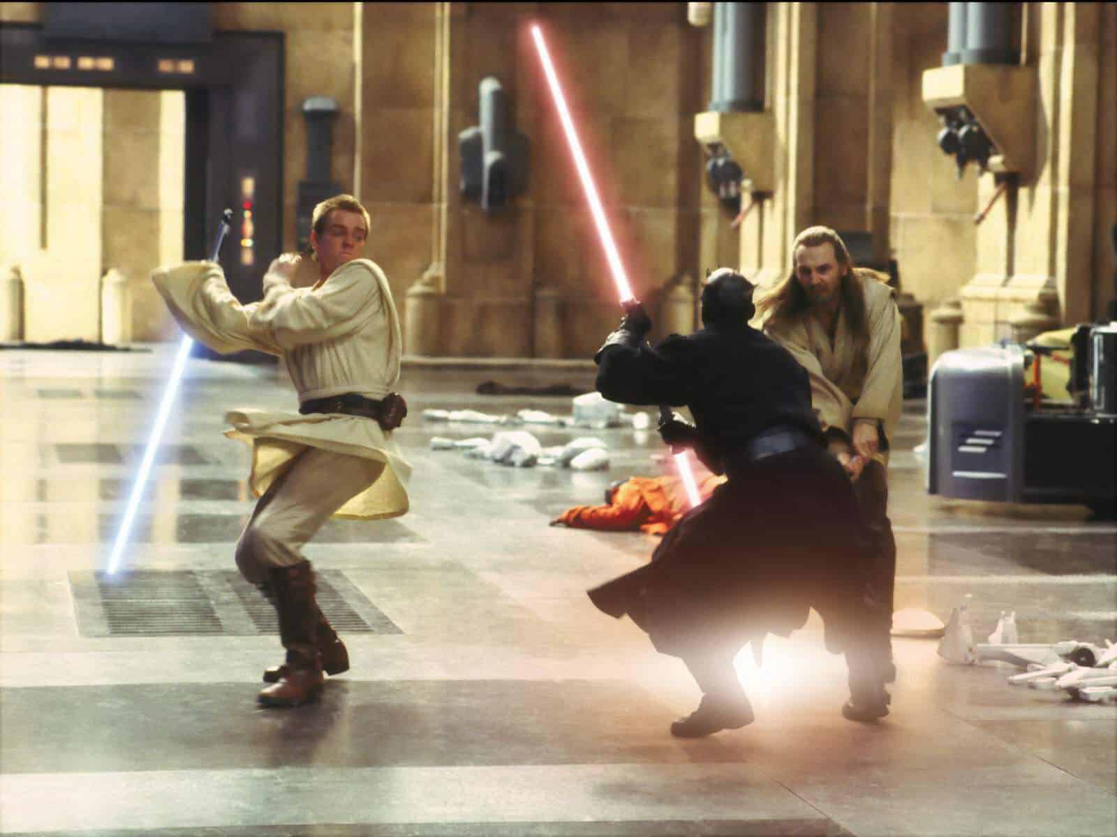 Darth Maul, Obi-Wan Kenobi och Qui-Gon Jinn i Det mörka hotet.