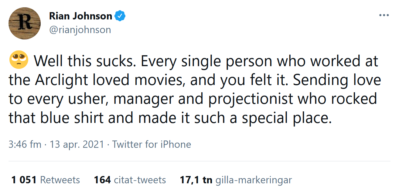 Rian Johnson om att Arclight stänger.