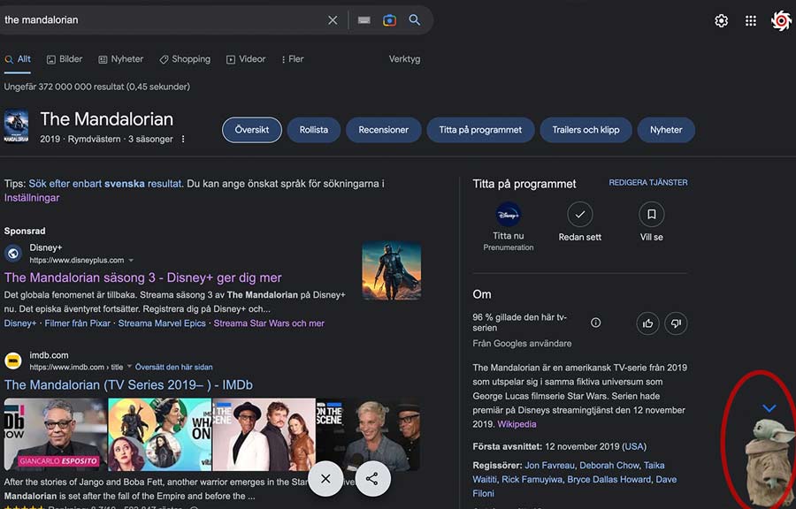 Baby Yoda dyker upp i Google