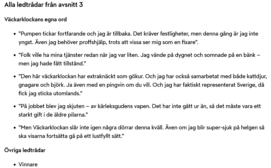 Ledtrådar om Väckarklockan och Ewa Roos från Masked Singer 2024 avsnitt 3